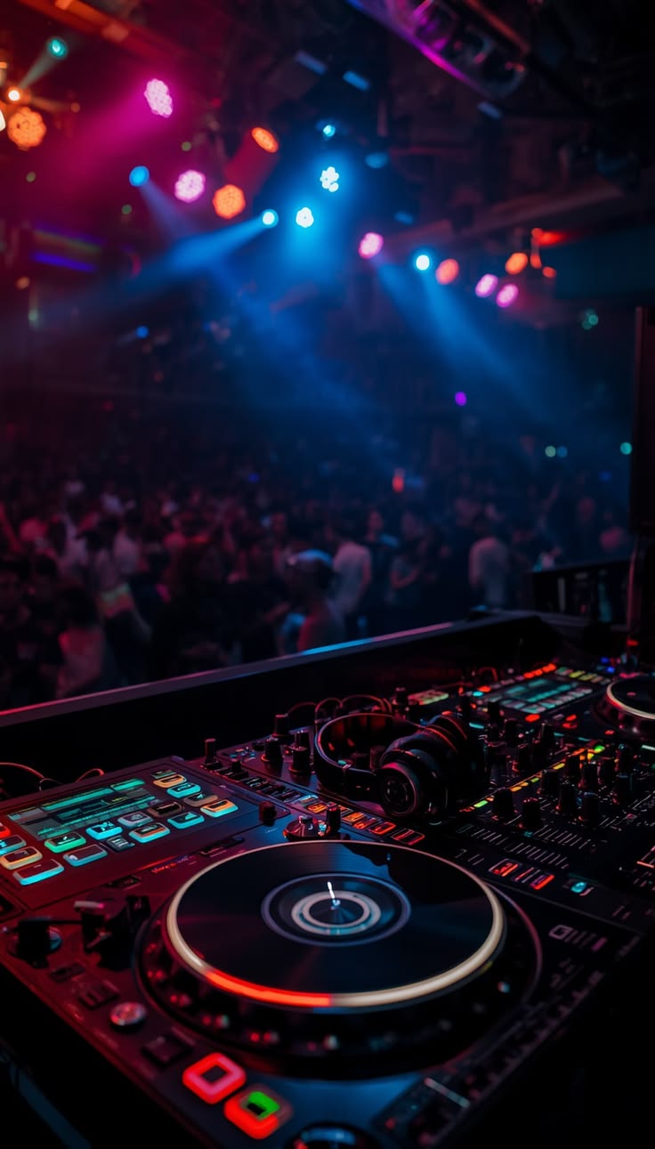 DJ deck and crowd under blue and pink stage lights