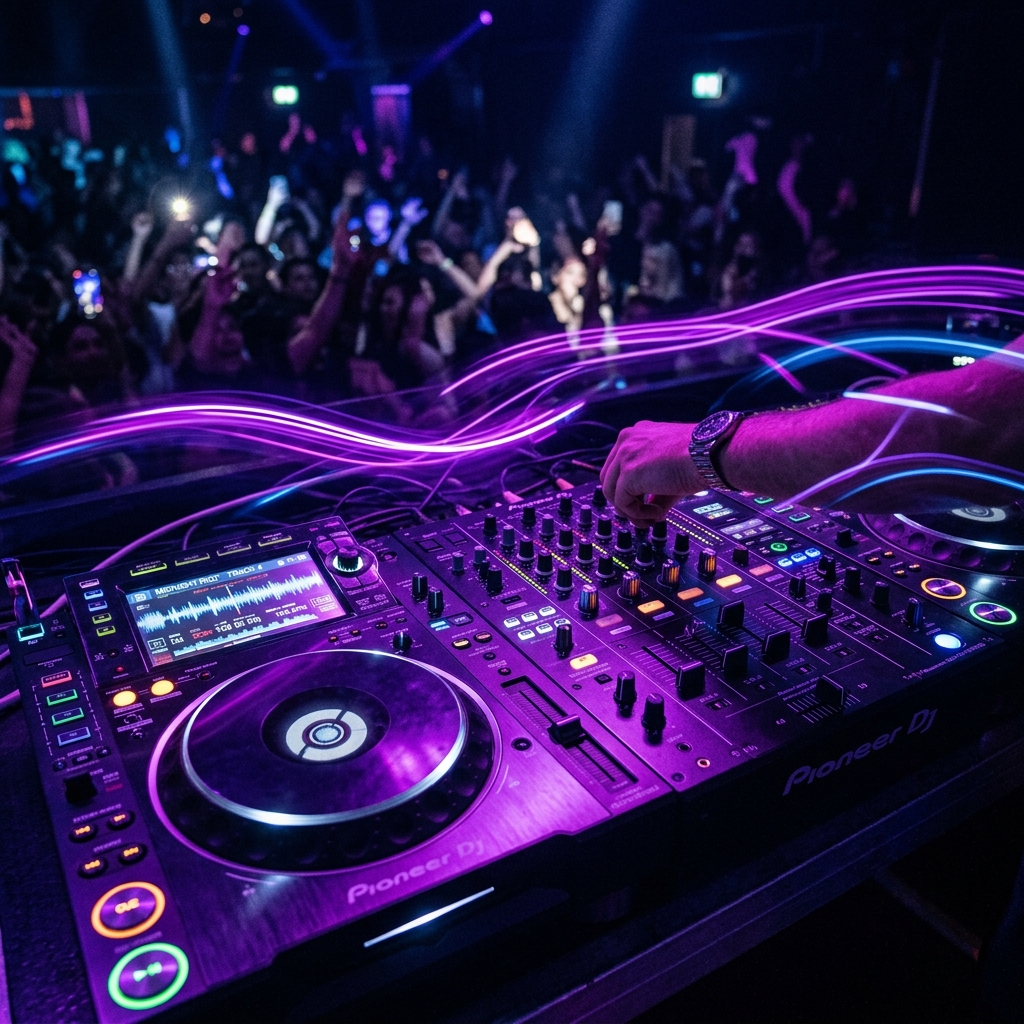 DJ mixing deck with neon lights
